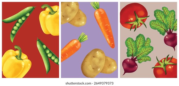 Watercolor vegetable panels with bold backgrounds. Perfect for food packaging, healthy menu design, kitchen wall art, organic branding, and farm-to-table product labels.