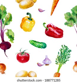 Watercolor vegetable seamless pattern on white background. Beetroot, carrot, cucumber, tomato, onion, garlic, potato, bell peppers. Vector illustration. 