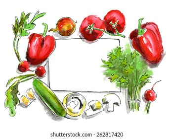 Watercolor vegetables: mushrooms, cucumber, garlic, tomato, pepper, parsley, radish. Vector