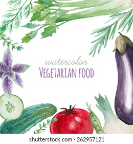 Watercolor Vegetarian food frame. Hand painted vegetables and spices background: cucumber, basil, dill, onion, thyme, celery, rosemary, tomato, eggplant, green peas. Healthy diet border in vector