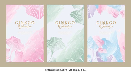 Watercolor vertical ginkgo background for documents or invitations and spa business veminim