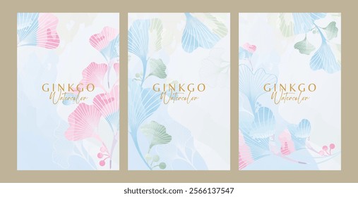 Watercolor vertical ginkgo background for feminine invitation or document