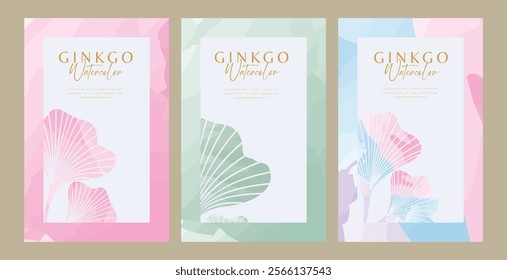 Watercolor vertical ginkgo background for spa business documents