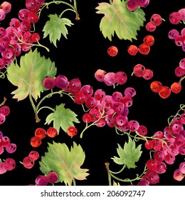 Watercolor viburnum seamless pattern on black background, vector