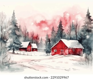 Watercolor village and Christmas minimalistic card with forest and and snow. Hand painted fir trees illustration isolated on white background. Holiday illustration for design, print, fabric or backgro