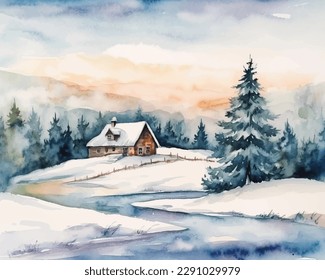 Watercolor village and Christmas minimalistic card with forest and and snow. Hand painted fir trees illustration isolated on white background. Holiday illustration for design, print, fabric or backgro