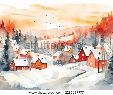 Watercolor village and Christmas minimalistic card with forest and and snow. Hand painted fir trees illustration isolated on white background. Holiday illustration for design, print, fabric or backgro