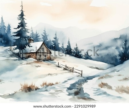 Watercolor village and Christmas minimalistic card with forest and and snow. Hand painted fir trees illustration isolated on white background. Holiday illustration for design, print, fabric or backgro