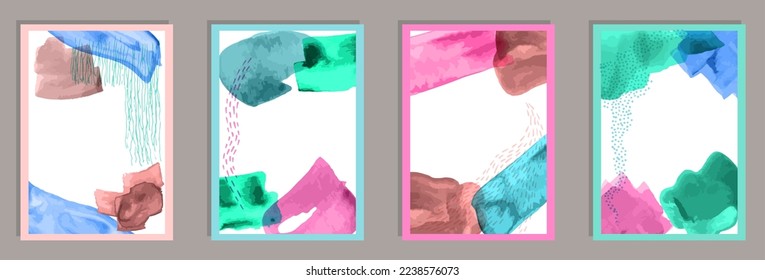 Watercolor vintage banners vector set. Watercolor blots backgrounds. Japanese style design. Cool artistic cover templates. Scribble elements.