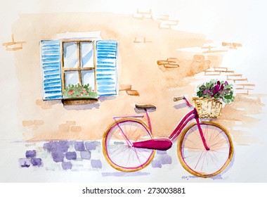 Watercolor Vintage Bicycle Under Window