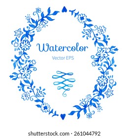 Watercolor vintage blue wreath with flowers, leaves, branches and hearts. Vector hand painted illustration isolated on white background.