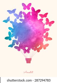 Watercolor vintage butterfly hot air balloon.Celebration festive background with balloons.Perfect for invitations,posters and cards