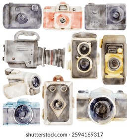 Watercolor Vintage Camera Illustration Set, Retro Photography Collection, Classic Film, Analog, Polaroid, Twin Lens, Camcorder, Video Camera, Cinematic, Hand Painted, Realistic, Artistic