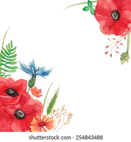 Watercolor vintage card background with field flowers and herbs. hand painted poppy, cornflower, spikelet, horsetail field, buttercup, grass and leaves. Vector floral frame. 