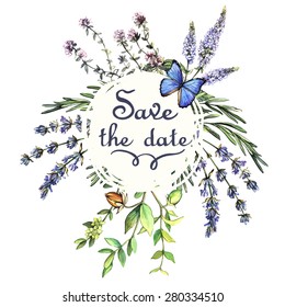 Watercolor Vintage card with herbs and butterfly. Watercolor. Vector illustration. Illustration for greeting cards, invitations, and other printing projects.