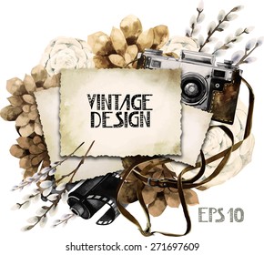 Watercolor vintage card with sepia floral design. Retro SLR camera in leather case  among succulents and pussy-willow branches. Vector design element isolated on white background