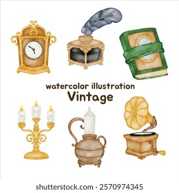 Watercolor Vintage Clip Art Collection - Hand-painted Set Featuring Antique Clock, Ink Bottle with Feather Quill, Old Book, Gramophone, Candle Holder, and Candelabra - Perfect for Scrapbooking, DIY Cr