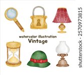 Watercolor Vintage Clip Art Set - Hand-painted Collection Featuring Magnifying Glass, Vintage Padlock, Table Lamps, Hourglass, and Vintage Hat with Bow - Perfect for DIY Crafts, Scrapbooking
