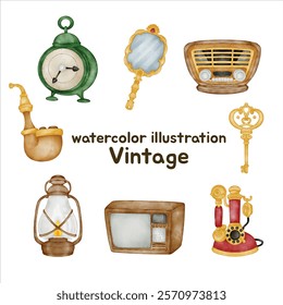 Watercolor Vintage Clip Art Set - Hand-painted Collection of Retro Elements Including Vintage Clock, Hand Mirror, Old Radio, Antique Pipe, Skeleton Key, Lantern, Rotary Telephone, and Retro Television