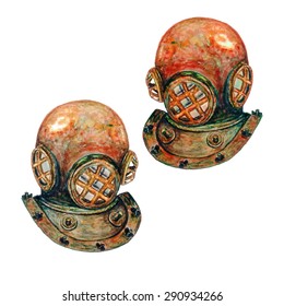 Watercolor Vintage Diving Helmet, isolated on white background. Retro style. Vector Elements for your design. Hand drawn illustration. 