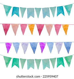 Watercolor Vintage Flags Garlands Set In Vector. Party And Wedding Decor Elements