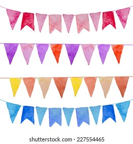 Watercolor vintage flags garlands set in vector. Party and wedding decor elements