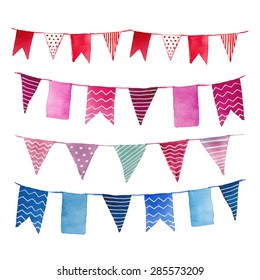 Watercolor vintage flags garlands set in vector. Party, baby room and wedding decor elements with various modern patterns: polka dots, stripes, zigzag. 