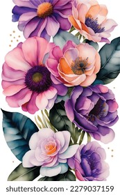 Watercolor vintage floral bouquet, watercolor floral canvas