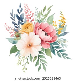 Watercolor Vintage Floral Bouquet with Peach, Pink, and Yellow Flowers
