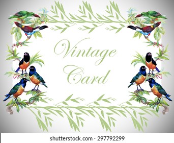 Watercolor Vintage floral card with leaves and tropical birds with Place for Your Text. Vector illustration