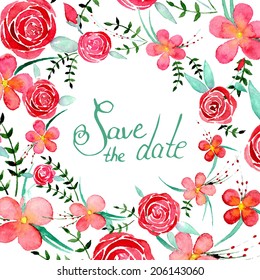 Watercolor vintage flowers save the date card drawn in vector