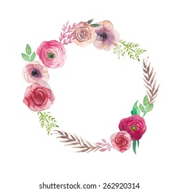 Watercolor vintage flowers wreath. Hand painted round frame with posy roses, ranunculus, anemones, leaves and floral elements. Vector design