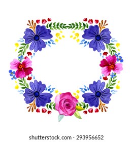 Watercolor vintage flowers wreath. Vintage round frame. Floral art print in vector. Vector design