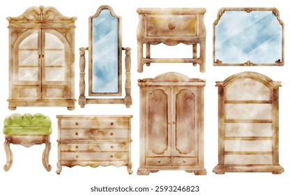 Watercolor Vintage Furniture Illustration Set - Hand-Painted, Antique, Classic Home Decor - Wardrobe, Mirror, Cabinet, Dresser, Bookshelf, Vanity Stool, Vector Illustration