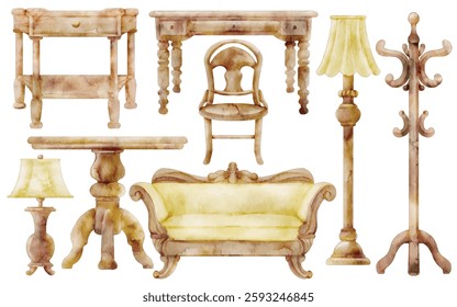 Watercolor Vintage Furniture Illustration Set - Hand-Painted, Classic Home Decor - Sofa, Chair, Table, Lamp, Coat Rack, Console, Elegant Antique Style, Vector Illustration