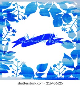 watercolor vintage handmade autumn background frame for text with oak leaves in blue