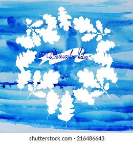 watercolor vintage handmade autumn background frame for text with oak leaves in blue