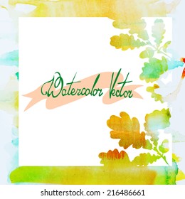 watercolor vintage handmade autumn background for text with oak leaves in green