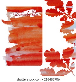 watercolor vintage handmade autumn background for text with oak leaves in red