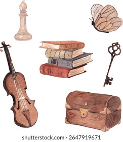 Aquarela Vintage Hobbies Coleção - Violino, Livros, Borboleta, Chave, Peito, Xadrez - Velho Mundo Pastimes Ilustração. Elementos isolados desenhados à mão. Pintura marrom suave. Realista vibração acolhedora. 