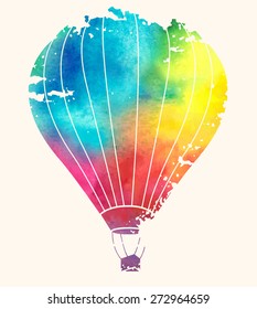 Watercolor vintage hot air balloon.Celebration festive background with balloons.Perfect for invitations,posters and cards