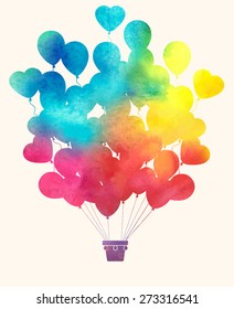 Watercolor vintage hot air balloon.Celebration festive background with balloons.Perfect for invitations,posters and cards