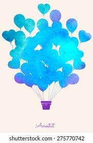 Watercolor vintage hot air balloon.Celebration festive background with balloons.Perfect for invitations,posters and cards