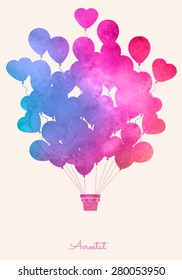 Watercolor vintage hot air balloon.Celebration festive background with balloons.Perfect for invitations,posters and cards