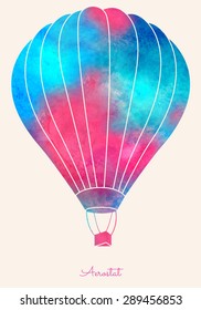 Watercolor vintage hot air balloon.Celebration festive background with balloons.Perfect for invitations,posters and cards