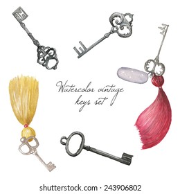 Watercolor vintage keys set. Hand drawn retro illustration in vector