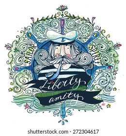 Watercolor vintage label with a sailor and hand lettering. The watercolor and ink drawings are two different layers.