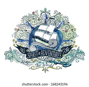 Watercolor vintage label with a ship and hand lettering. The watercolor and ink drawings are two different layers.
