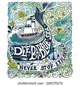 Watercolor vintage label with a ship, whale and hand lettering. The watercolor and ink drawings are two different layers.