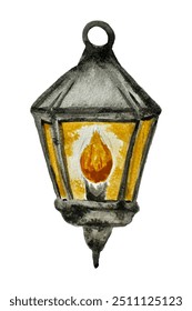 Watercolor vintage lantern, old design light lamp